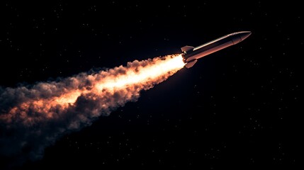 Rocket Launching into Space with Smoke Trail, A rocket launching into space with a trail of smoke against a dark sky