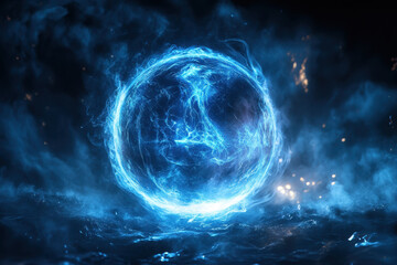 Obraz premium Blue sphere against dark background, striking contrast.