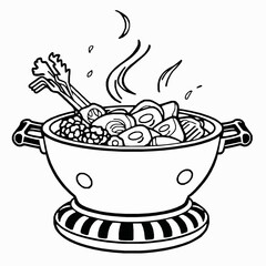 black outline vector of Beijing hot pot with sliced meat and vegetables isolated on a white background