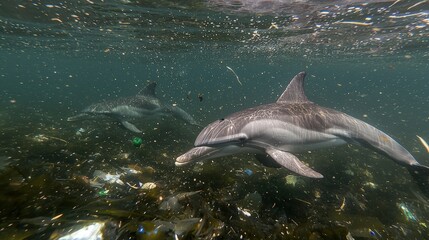 Fototapeta premium Dolphins swimming in polluted ocean water, surrounded by plastic waste and debris. Urgent environmental issue.