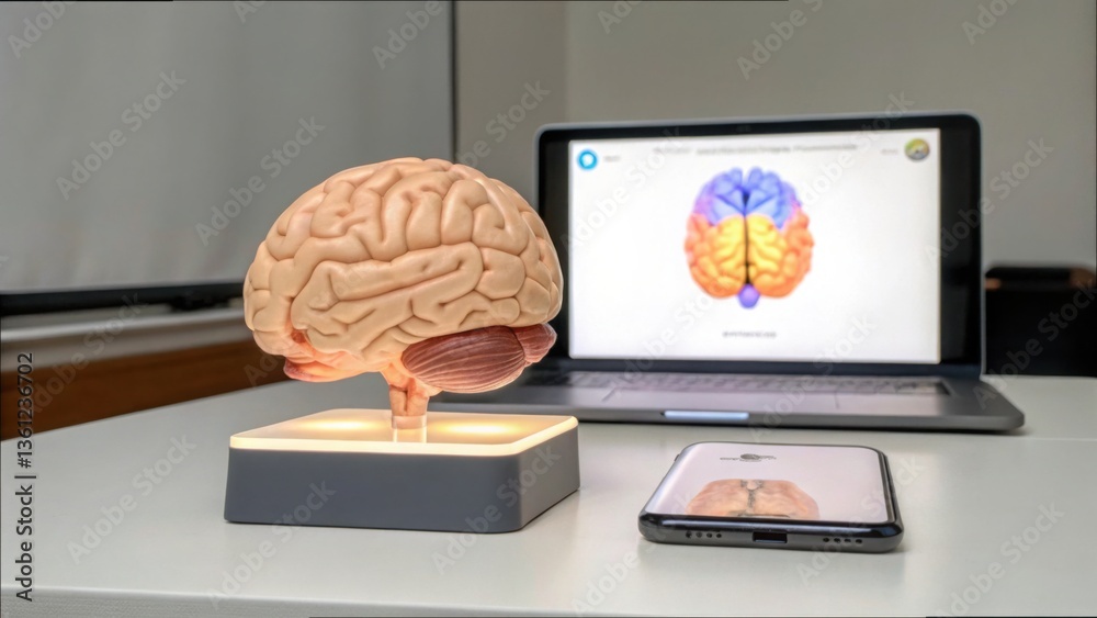 Poster educational 3d model of brain projected from smartphone technology