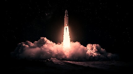Naklejka premium Rocket Launching into Space with Smoke Trail, A rocket launching into space with a trail of smoke against a dark sky