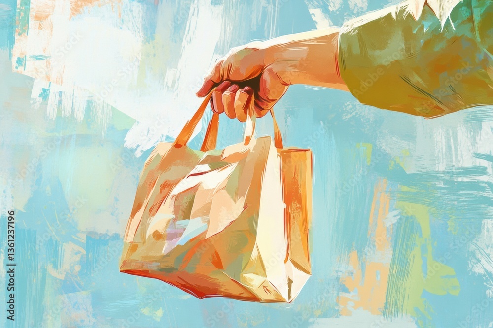 Poster hand reaching out with a grocery bag in bright colors, showcasing the daily act of shopping in a vib