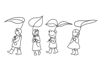 雨の日の子どもたちとカエル