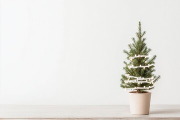 Fototapeta premium small potted pine tree wrapped in white fairy lights sits on wooden table against stark white backdrop ready to evoke