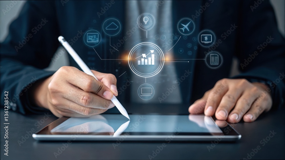 Aufkleber person using smart stylus on tablet for digital creative work