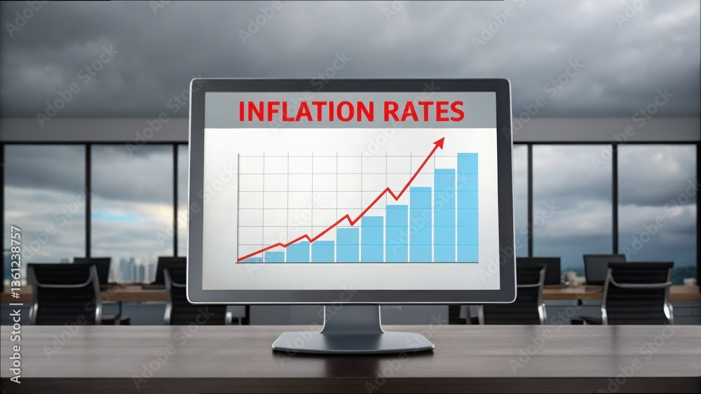Poster inflation rates rising on screen in modern workspace setting