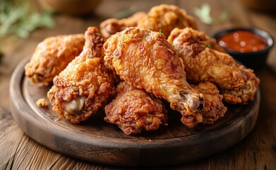Crispy Fried Chicken Drumsticks and Wings on a Wooden Platter with Dipping Sauce