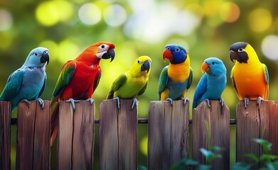 Five Colorful Parrots Perched on a Wooden Fence in a Bright Natural Setting