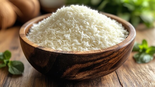 a wooden bowl filled with finely shredded hindistancevizi rende desiccated coconut sits on a wooden surface the pure white fluffy texture of the coconut shreds is neatly piled high