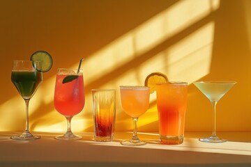 Six colorful beverages are arranged in a row with sunlight