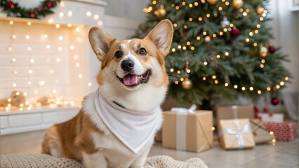 Close up of a happy dog wearing Blank white bandana mockup in Christmas setting background while...
