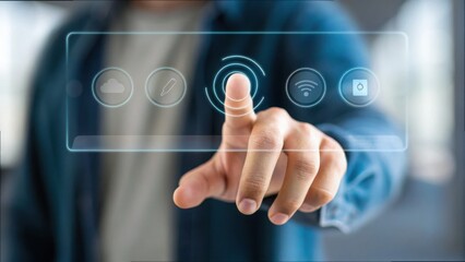 Obraz premium Person Using Gesture to Interact with Virtual Touchscreen Interface