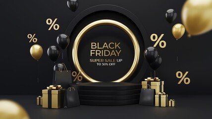 Luxurious Black Friday sale scene featuring dark matte background geometric patterns central circular podium, gold accents, elegant black gold balloons, premium shopping bags, stylish promotional text