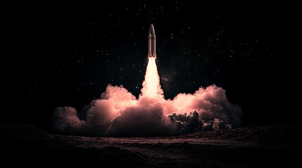 Rocket Launch Over Water at Night, A rocket launching into the night sky over a body of water