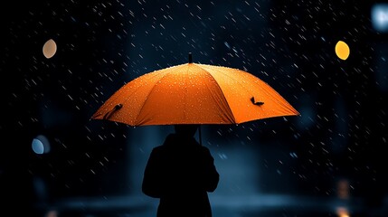 Rainy Night Stroll: A Silhouette Under an Orange Umbrella AI Generated