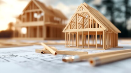 Building a wooden model house with architectural plans on a table during sunset outdoors