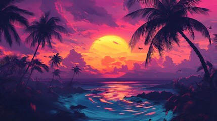 Vibrant tropical sunset with palm trees casting silhouettes along shoreline