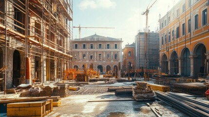 Fototapeta premium A Renaissance city square under construction, master builders overseeing the project --ar 16:9 --v 6.1 Job ID: 0e09935f-e481-48c4-af97-6c47666e967a