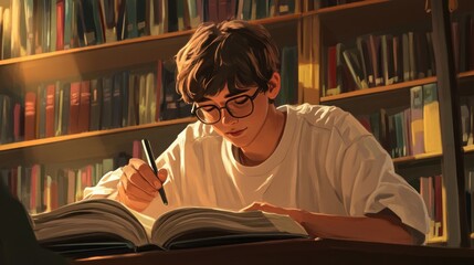 Engrossed in literary study, illuminated by golden light and open book