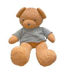 Cute teddy bear. Cute brown stuffed animal. Teddy bear sitting isolated on transparent background. 