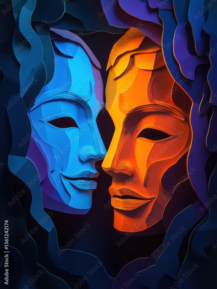 Poster stunning paper cut illustration of comedy and tragedy theater masks with deep shadows and dramatic l
