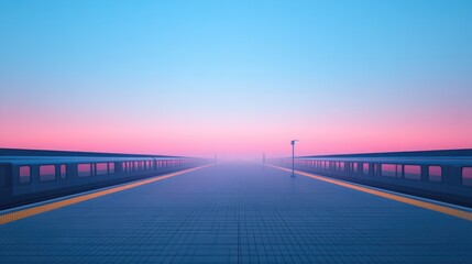 Fototapeta premium expansive image of tranquil railway platform at dawn with first light casting soft hues against empty commuter train