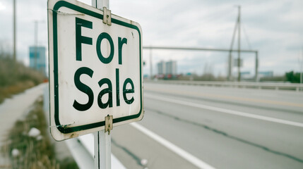 For Sale Sign in City: An urban landscape featuring a 'For Sale' sign prominently displayed, set against the backdrop of a city road, bridge, and modern infrastructure.