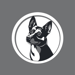 A stylized illustration of a black and white dog with pointed ears, captured in a circular frame