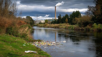Obraz premium Polluted river with industrial factory in background; environmental pollution, litter, and industrial waste in waterway.