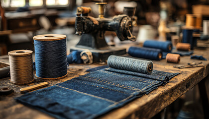 A vintage sewing machine surrounded by colorful threads and denim fabric, capturing the essence of craftsmanship.