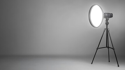 Minimalist white background with a ring light and tripod for selfie photography, isolated on the side of an empty space