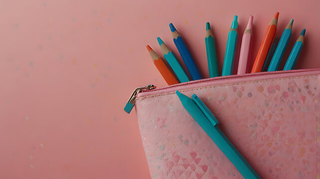 A pink pencil case with colorful pencils peeking 