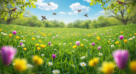 Fototapeta premium Spring flowers and butterflies in the grass.