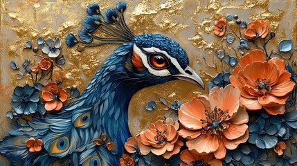 Abstract art featuring peacock feathers with eye details and floral accents is set against a golden glitter background, creating a dazzling and colorful bird illustration