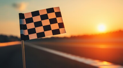 Checkered flag waving at sunset on a racetrack, symbolizing competition and victory in motorsport events