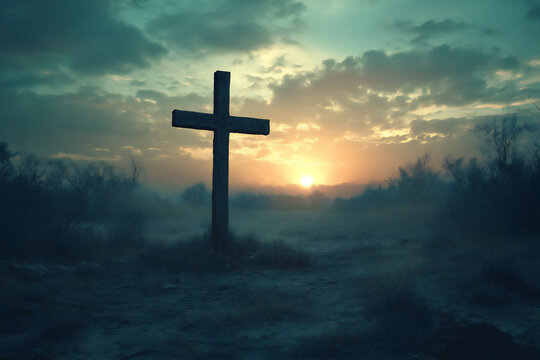 the cross of jesus christ with the rising sun in the background. the sky is cloudy, and there's an empty field below, symbolizing spiritual peace.