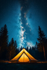 yellow tent is lit under the dark sky with the milky way in the night sky