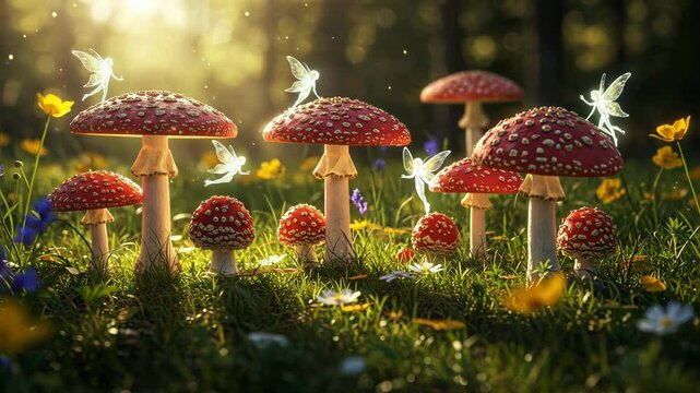 Enchanting forest scene with vibrant mushrooms and glowing fairies.