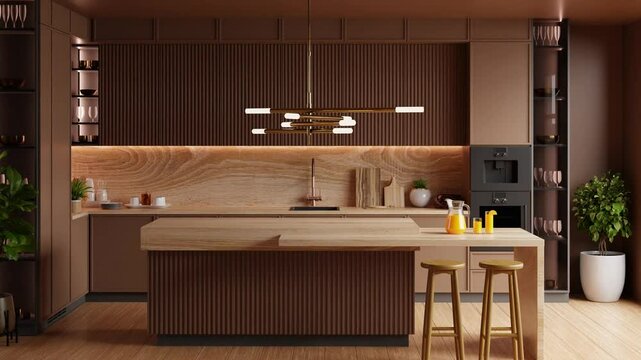 kitchen room interior in brown mocha mousse 2025 color with modern decoration - 3D rendering	