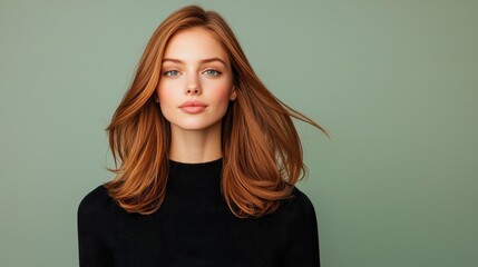 Fototapeta premium Stylish young woman with long flowing hair posing against a textured green background in natural light