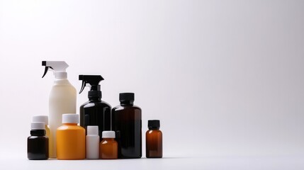 neatly arranged assortment of household cleaning products under soft lighting with plenty of negative space on white