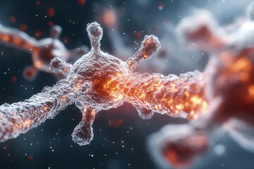 Microscopic view of neurons communicating with each other in a neural network