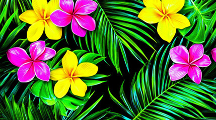 Vibrant tropical flowers and lush green leaves pattern