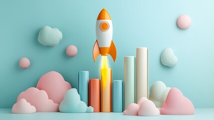 Stylized Rocket Launch with Colorful Bars and Clouds, A stylized rocket launching amidst clouds and colorful bars