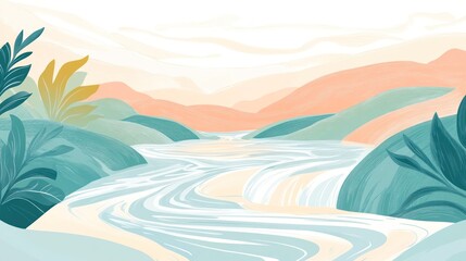 Serene river flowing through pastel mountains