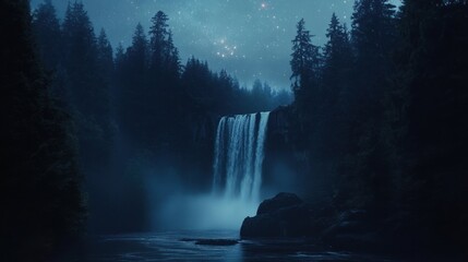Mystical Cascades, A Nighttime Symphony of Water and Celestial Light