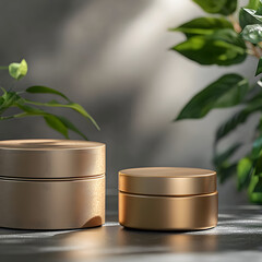 Minimalist Golden Skincare Jars: Two sleek, golden jars of skincare products are artfully arranged on a minimalist background with soft, natural lighting.