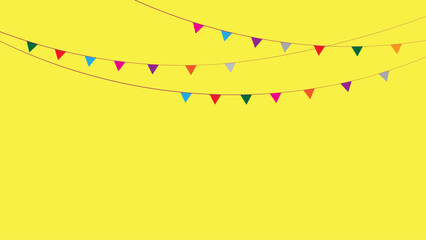Colorful abstract background with triangle shape and curve lines, bunting flags garland pattern, party flags on yellow bacgkround. Vector illustration.