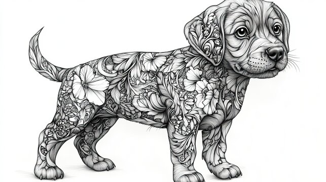 An intricate zentangle dog illustration captures the playful spirit of a puppy in black and white line art, perfect for a pet coloring page